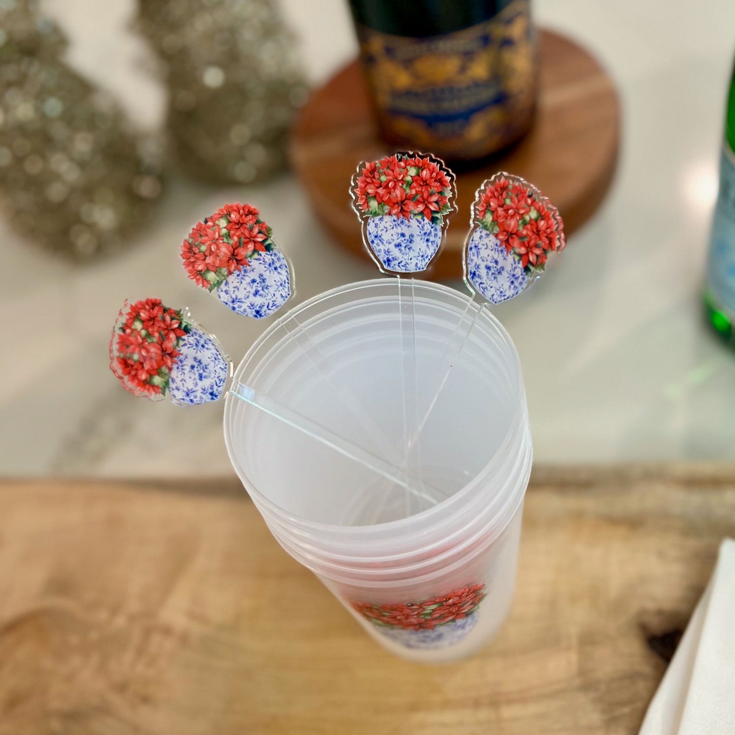 Swizzle Sticks- Poinsettias in Ginger Jar