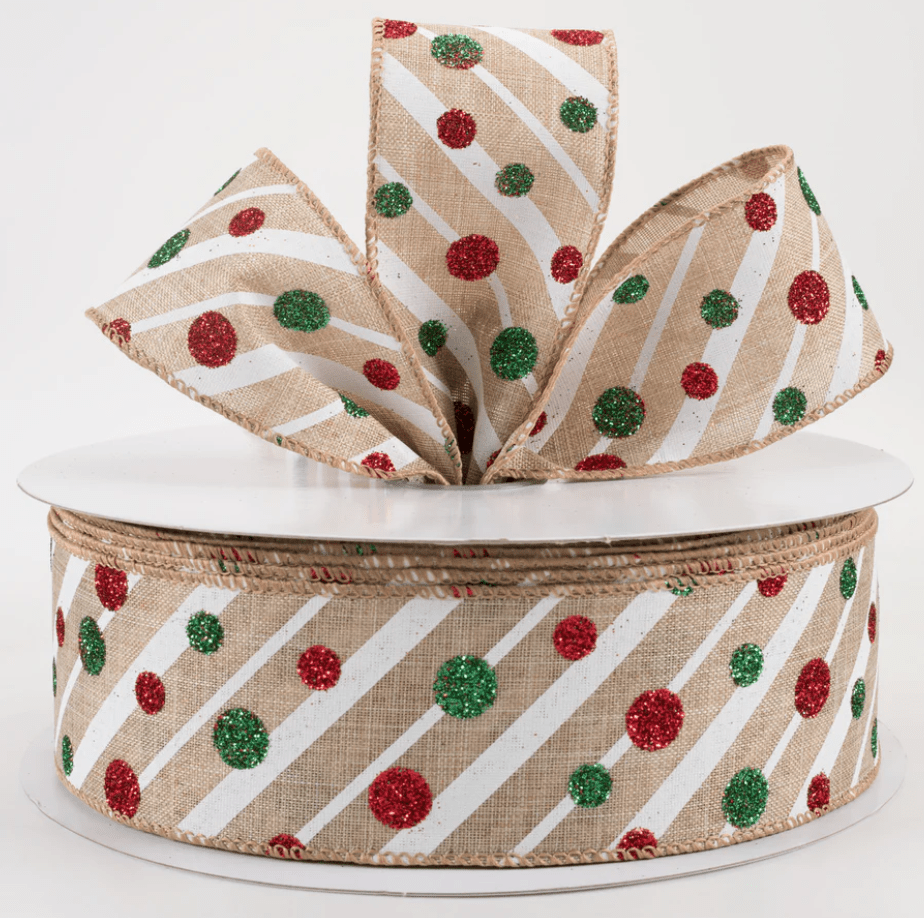 2.5" Wired Linen Stripes and Glitter Dots Christmas Ribbon (50 Yards) (Warehouse Sale)