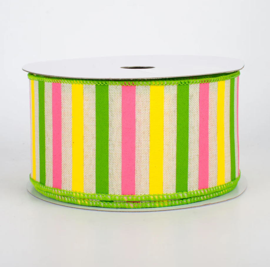 2.5" Wired Green Border Striped Ribbon (10 Yards) (Warehouse Sale)