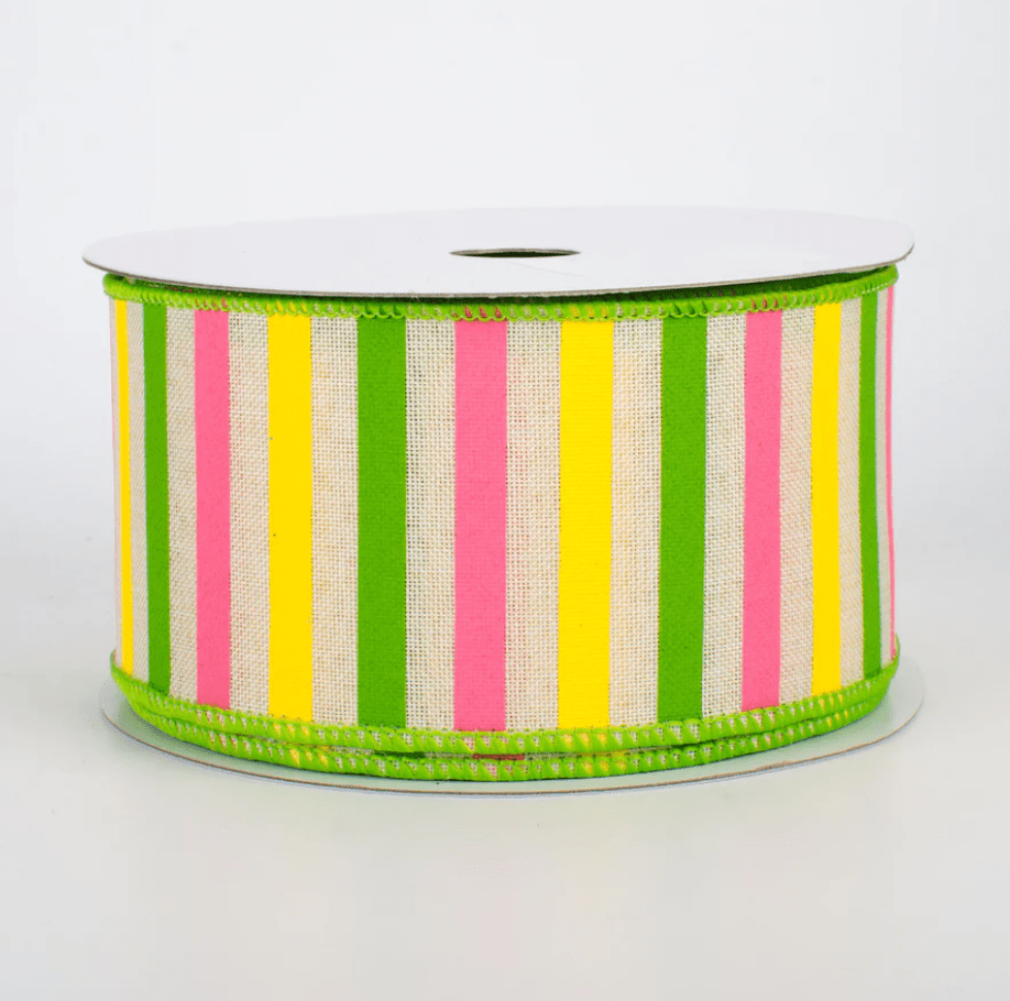 2.5" Wired Green Border Striped Ribbon (10 Yards) (Warehouse Sale)