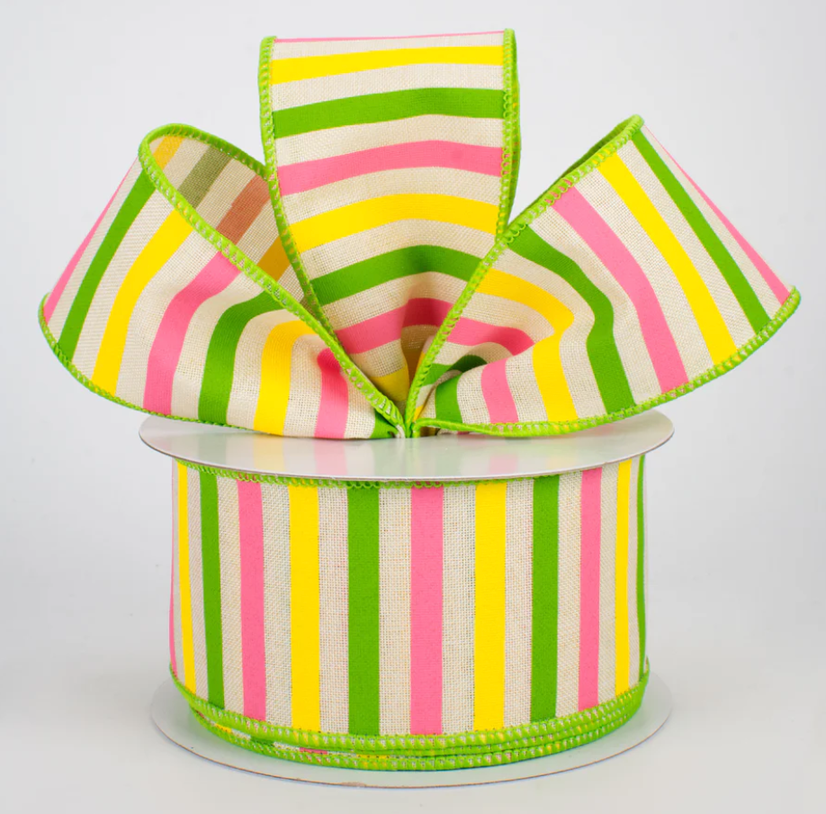 2.5" Wired Green Border Striped Ribbon (10 Yards) (Warehouse Sale)