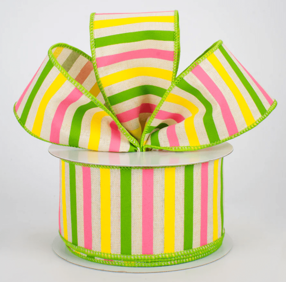 2.5" Wired Green Border Striped Ribbon (10 Yards) (Warehouse Sale)