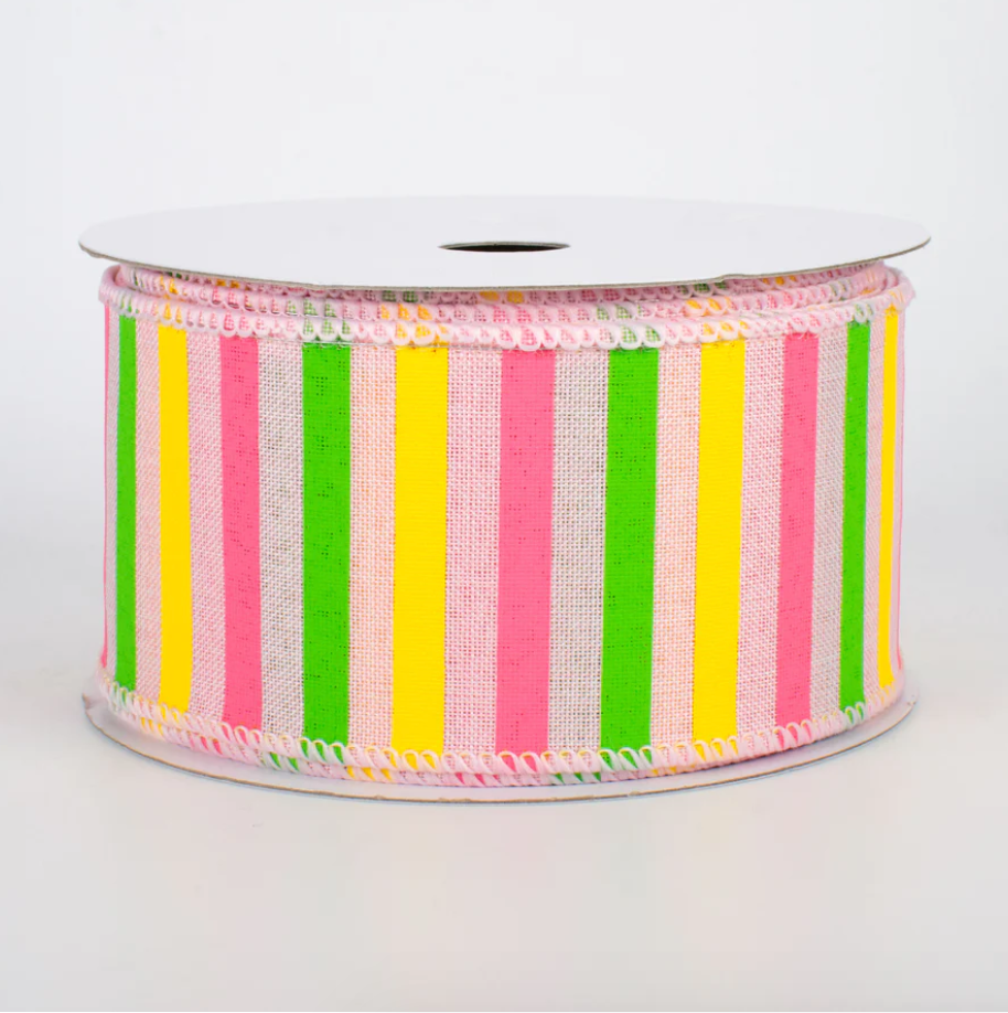 2.5" Wired Pink Border Striped Ribbon (10 Yards) (Warehouse Sale)