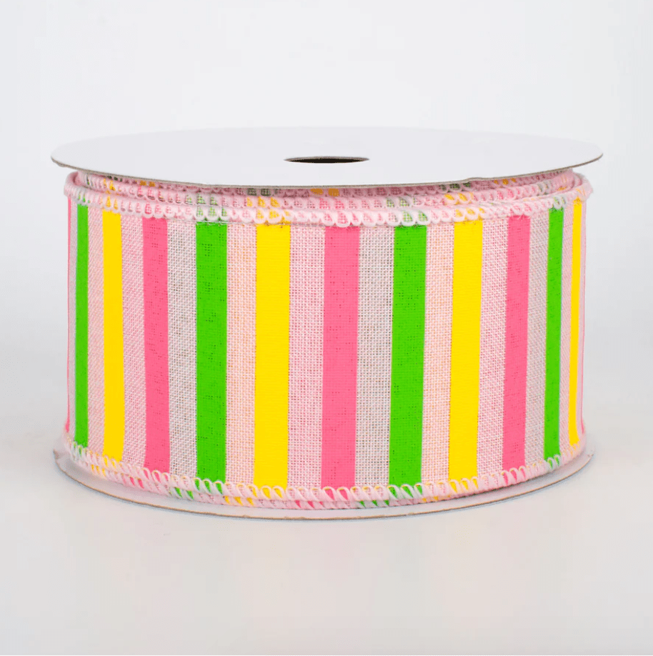 2.5" Wired Pink Border Striped Ribbon (10 Yards) (Warehouse Sale)