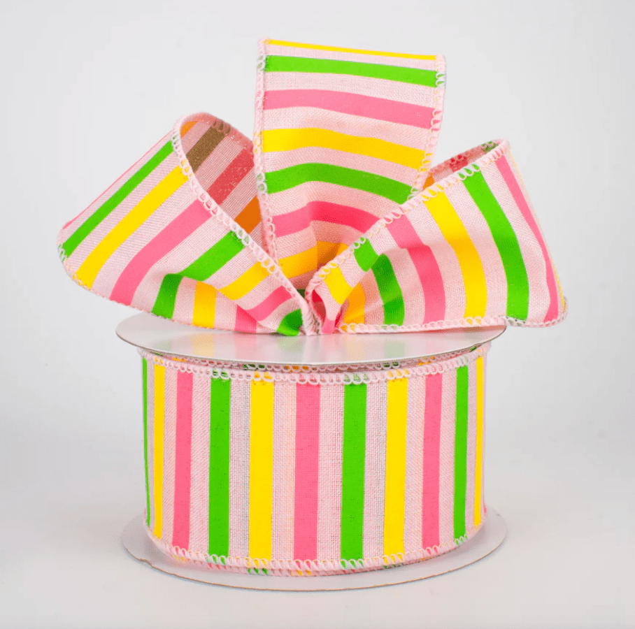2.5" Wired Pink Border Striped Ribbon (10 Yards) (Warehouse Sale)