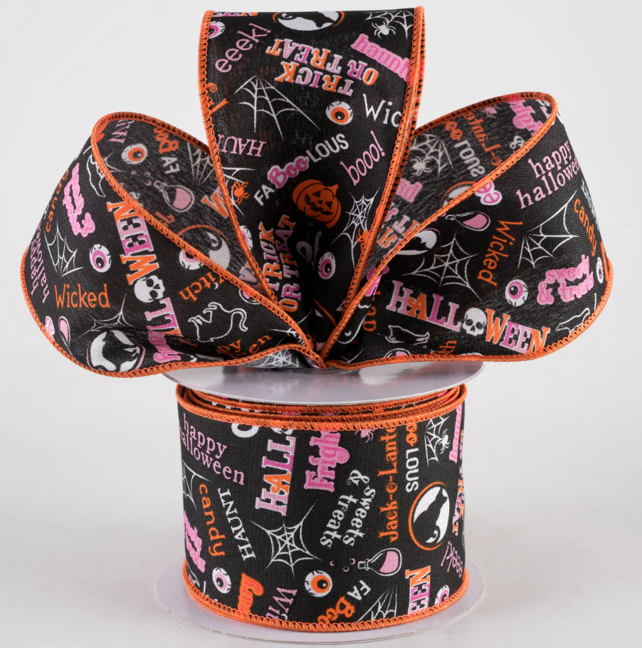 2.5" Halloween Words & Icons Ribbon: Black (10 Yards) (Sale)