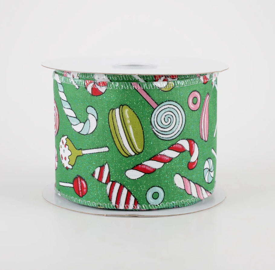 2.5" Emerald Glitter Satin Christmas Treats Ribbon (10 Yards) (Sale)