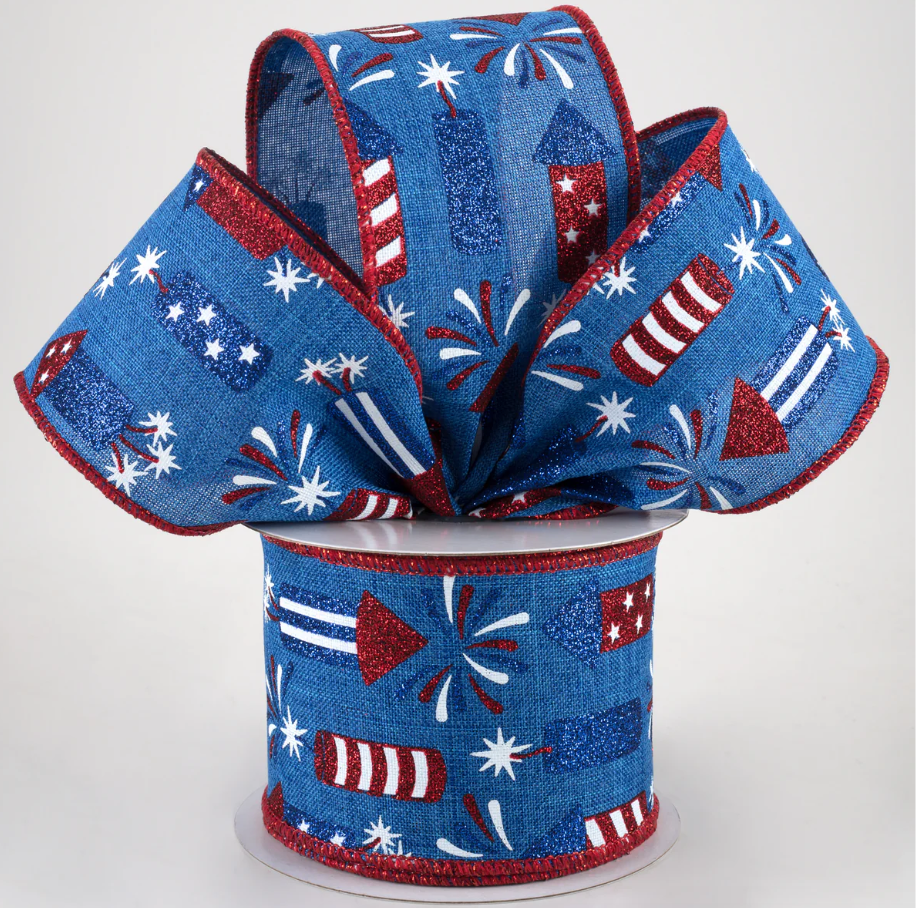 2.5" Firecrackers Ribbon: Royal Blue, Red, White (10 Yards) (Sale)