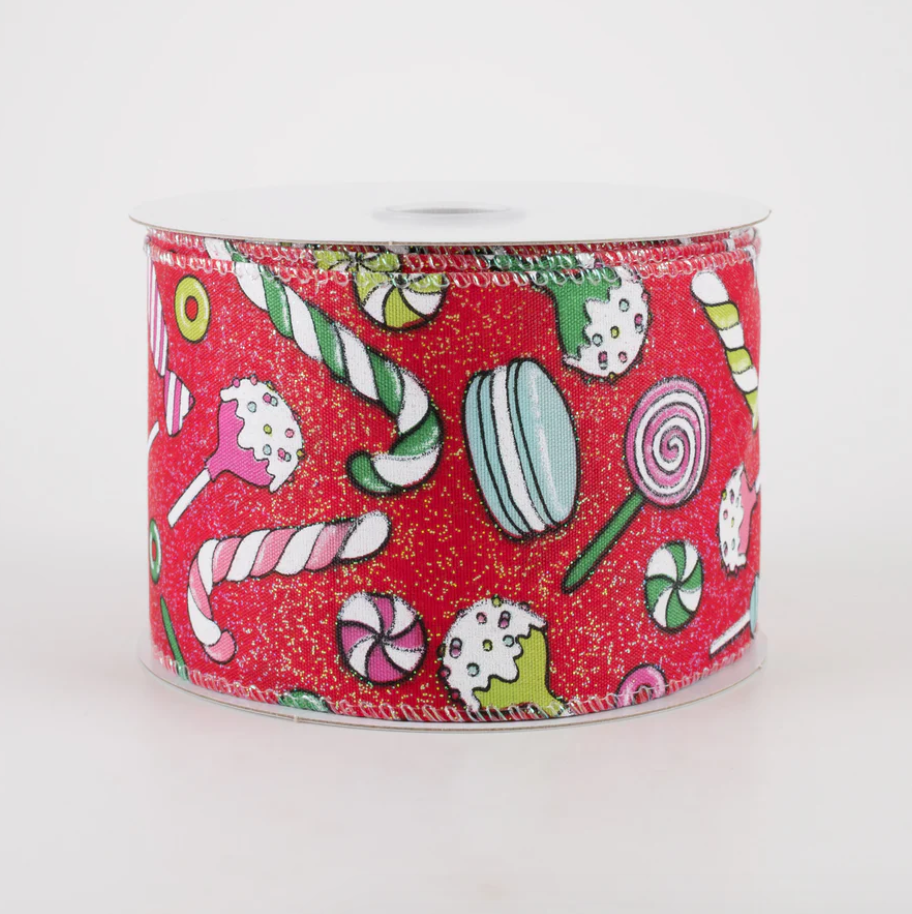 2.5" Wired Red Glitter Satin Christmas Treats Ribbon (10 Yards) (Warehouse Sale)
