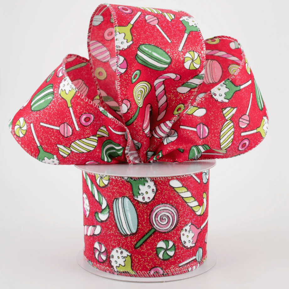 2.5" Wired Red Glitter Satin Christmas Treats Ribbon (10 Yards) (Warehouse Sale)