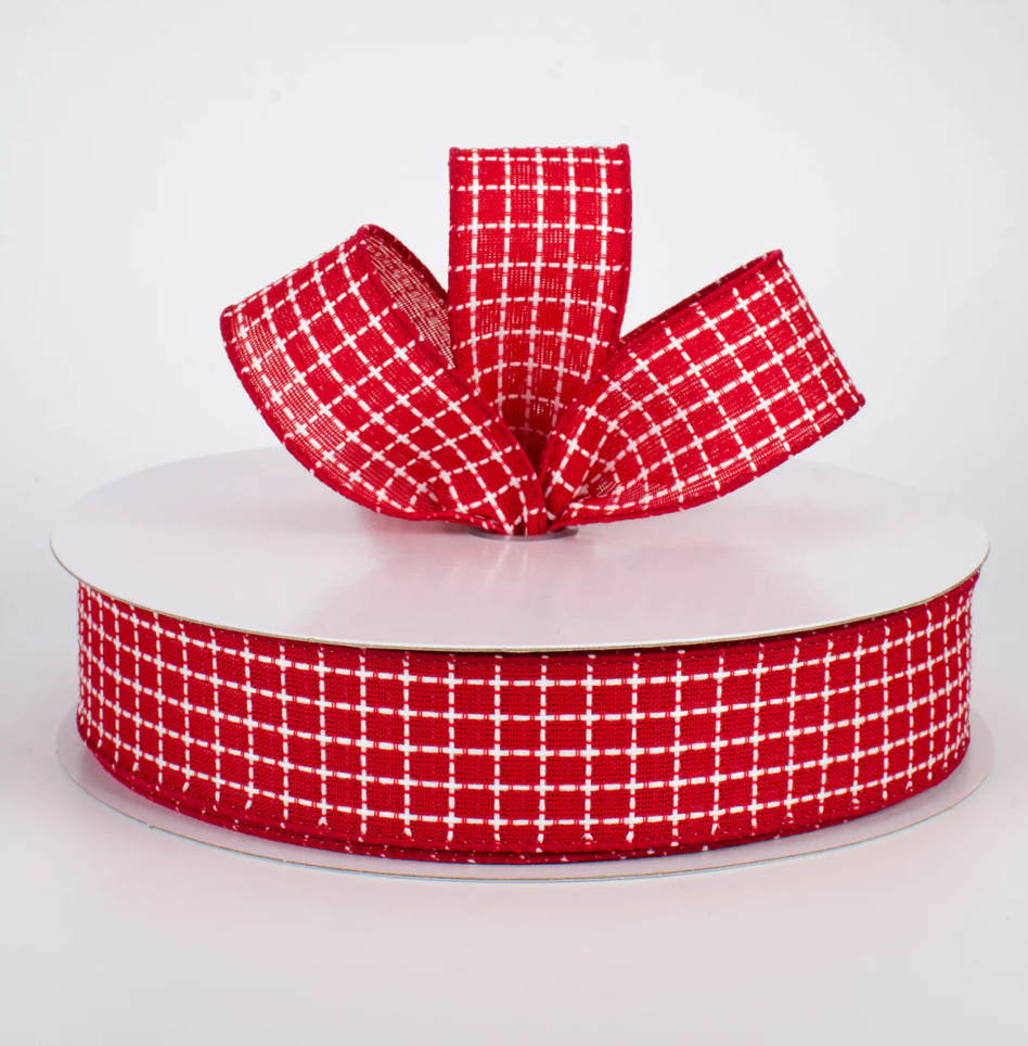 1.5" Embroidered Stitched Squares Ribbon: Red (50 Yards) (Sale)