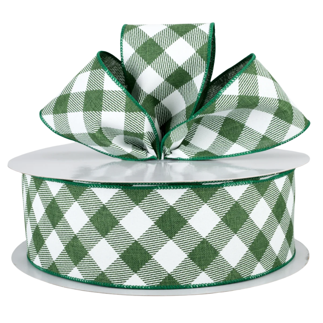 Emerald & White Diagonal Check Ribbon