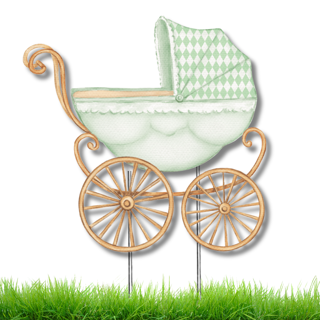 Green Baby Carriage Garden Stake
