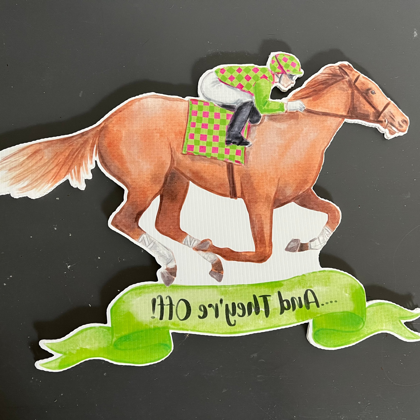 Mirrored Green “And they’re off” Garden Stake (Warehouse Sale)