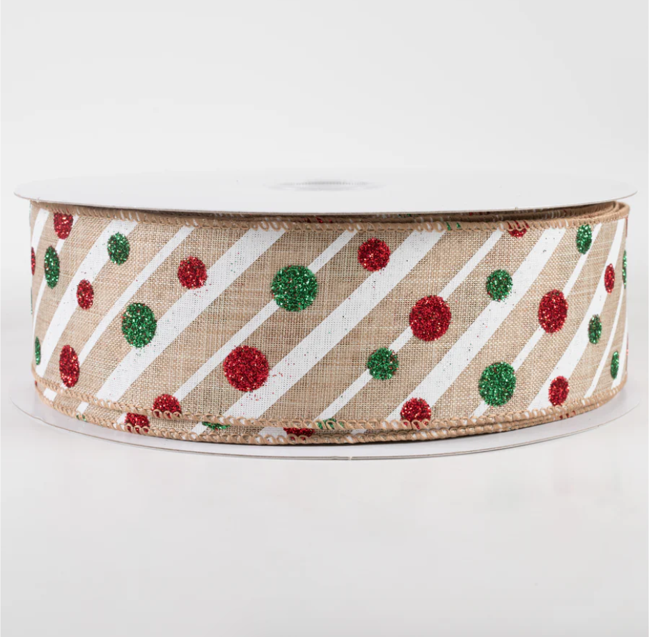 2.5" Wired Linen Stripes and Glitter Dots Christmas Ribbon (50 Yards) (Warehouse Sale)