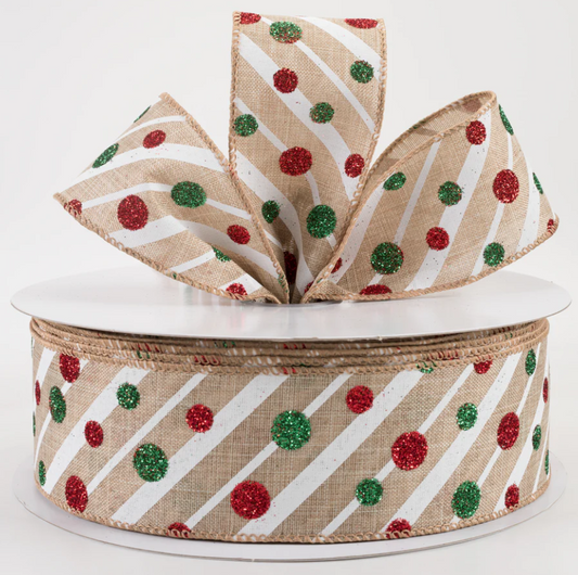 2.5" Wired Linen Stripes and Glitter Dots Christmas Ribbon (50 Yards) (Warehouse Sale)