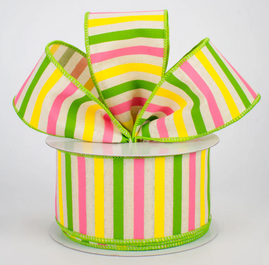 2.5" Wired Green Border Striped Ribbon (10 Yards) (Warehouse Sale)