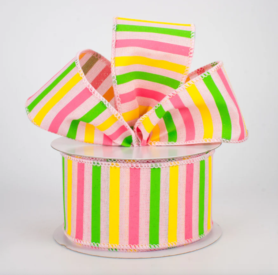 2.5" Wired Pink Border Striped Ribbon (10 Yards) (Warehouse Sale)
