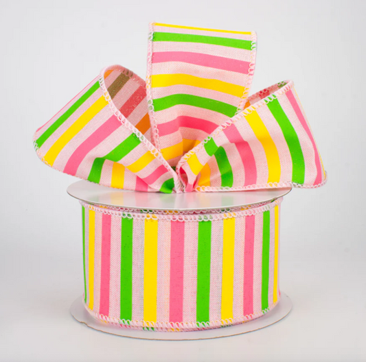 2.5" Wired Pink Border Striped Ribbon (10 Yards) (Warehouse Sale)