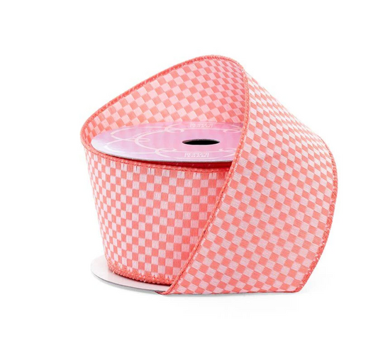 2.5" Wired Coral Checkered Ribbon (10 Yards) (Warehouse Sale)