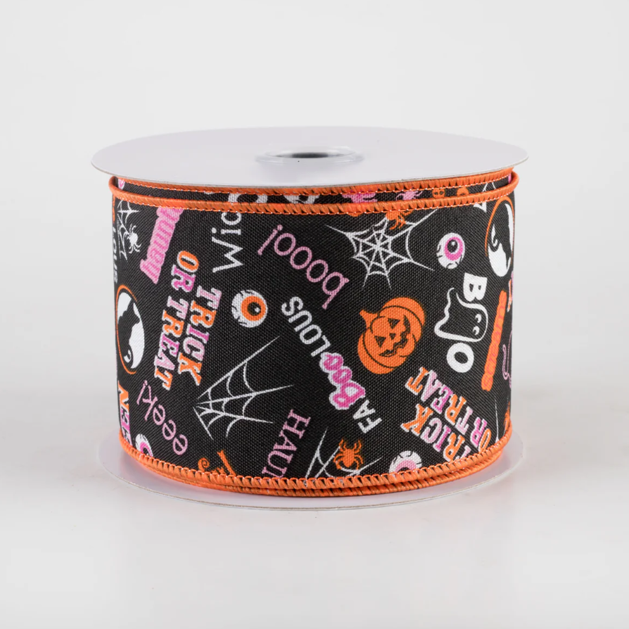 2.5" Halloween Words & Icons Ribbon: Black (10 Yards) (Sale)