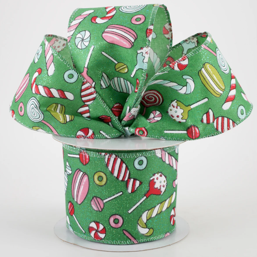 2.5" Emerald Glitter Satin Christmas Treats Ribbon (10 Yards) (Sale)