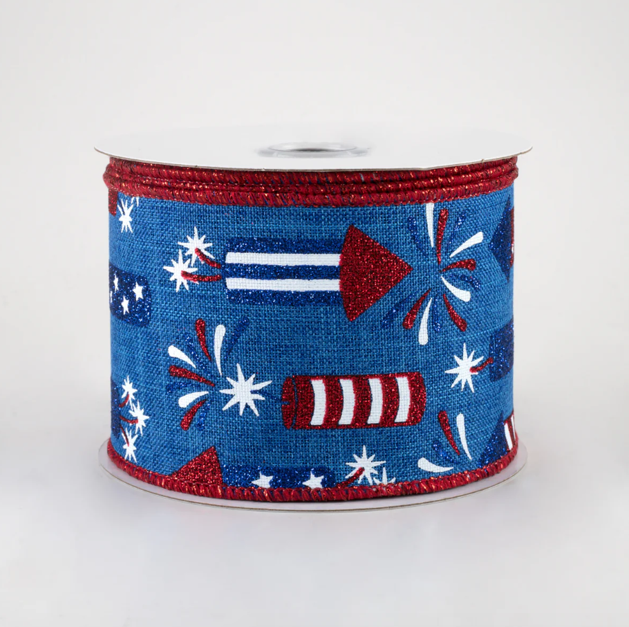 2.5" Firecrackers Ribbon: Royal Blue, Red, White (10 Yards) (Sale)