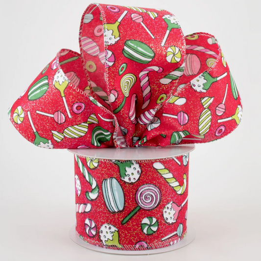 2.5" Wired Red Glitter Satin Christmas Treats Ribbon (10 Yards) (Warehouse Sale)