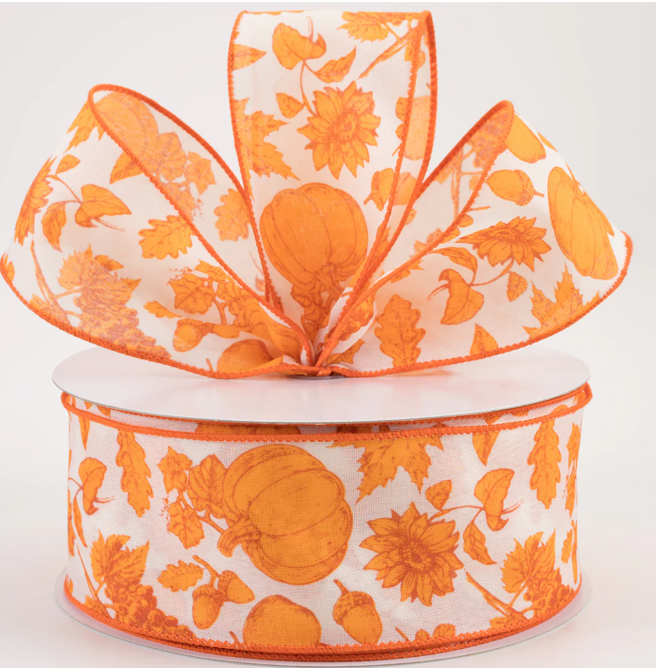 2.5" Linen Fall Toile Ribbon: Orange on Cream (50 Yards) (Sale)