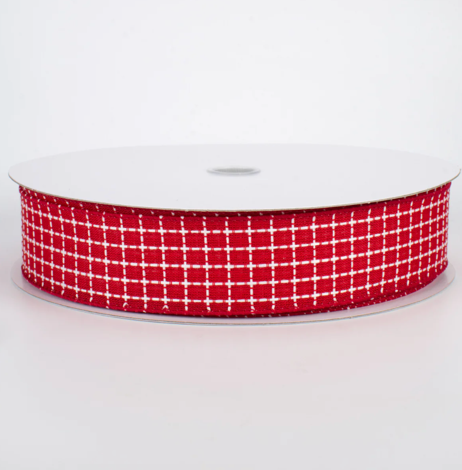 1.5" Embroidered Stitched Squares Ribbon: Red (50 Yards) (Sale)