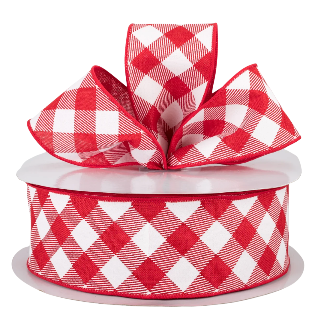 Red + White Diagonal Check Ribbon