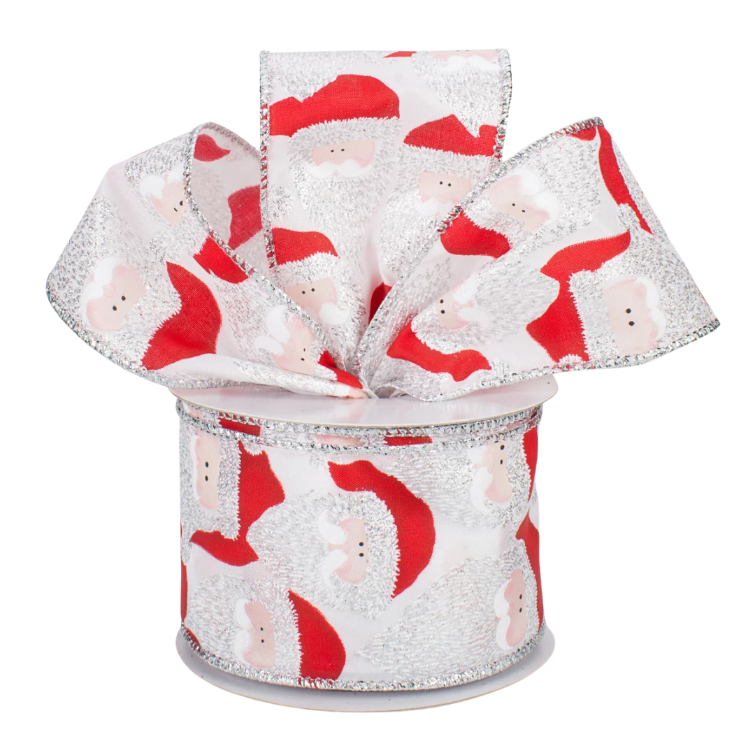 Metallic Silver Santa Faces Ribbon