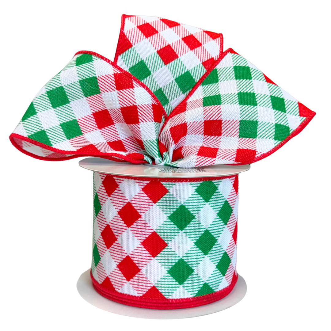 White, Red, + Emerald Diagonal Check Ribbon