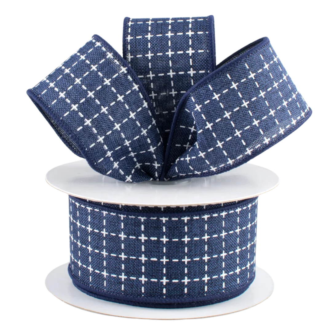 Navy Blue + White Stitched Squares Ribbon